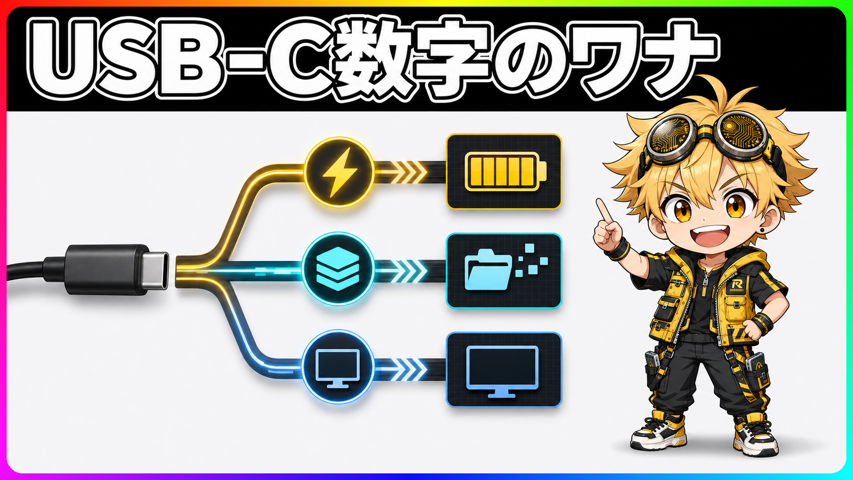 USB-CケーブルのW、Gbps、映像対応を分けて示す図解