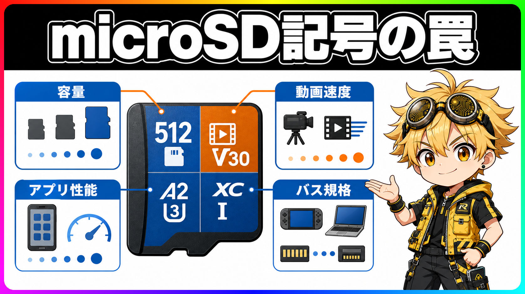 microSDカード表面に並ぶA1・V30・Expressなどの記号を4種類に分けた図解