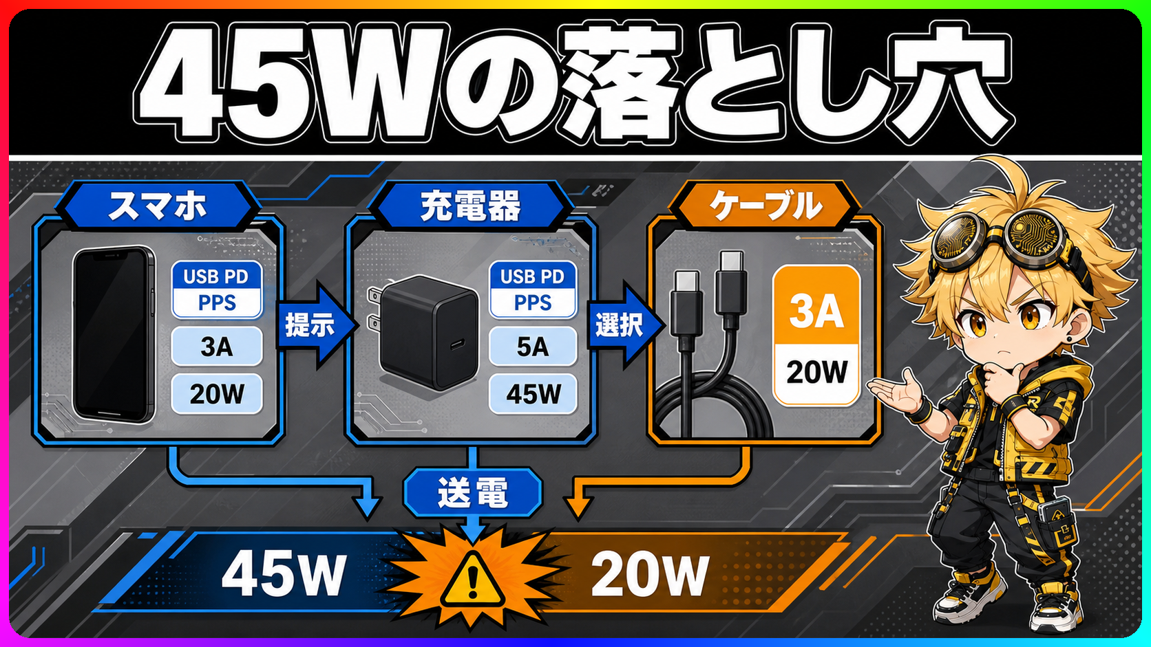 スマホと充電器とケーブルがUSB PDで電力を選ぶ仕組みの図解