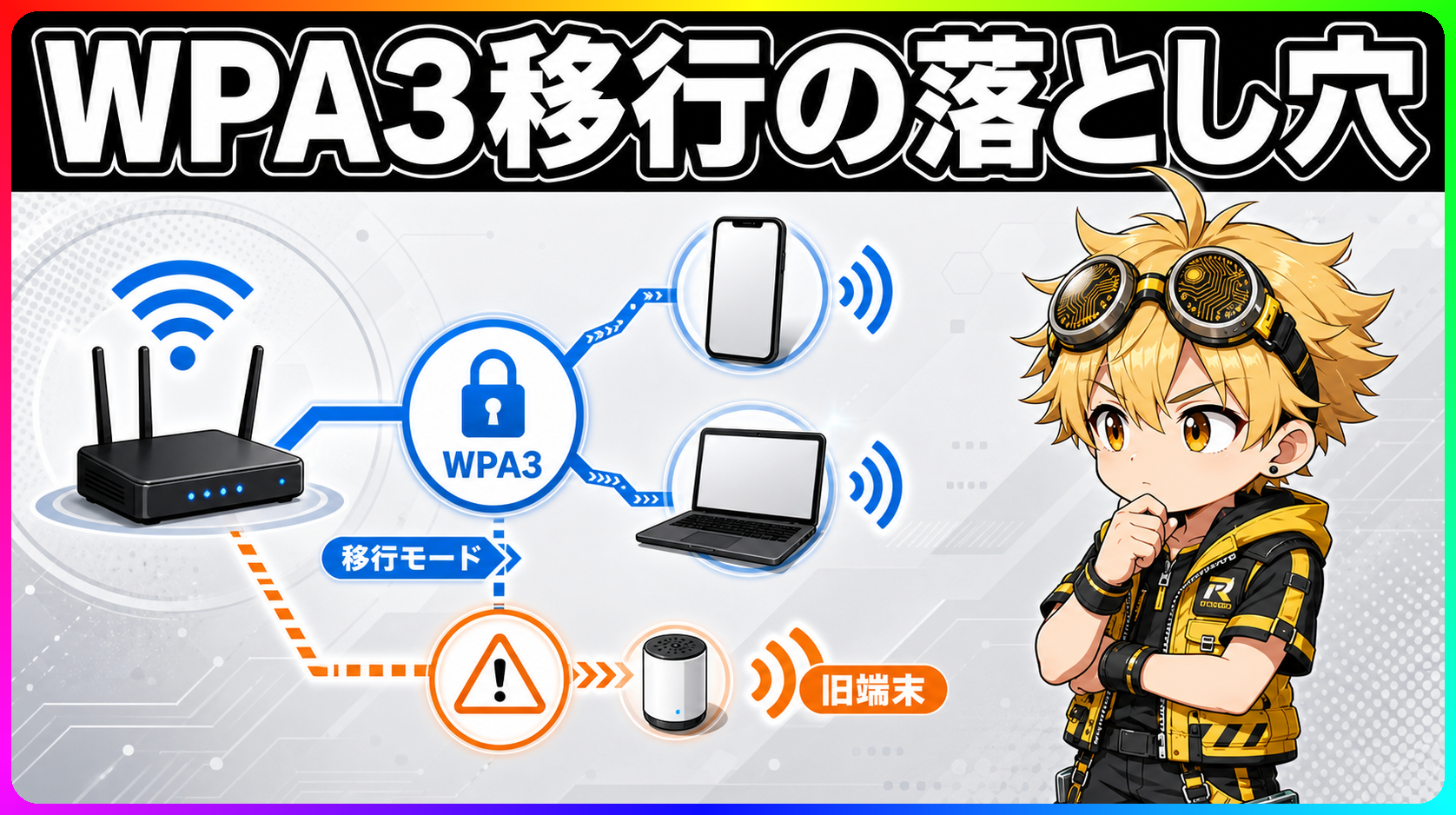 WPA3とWPA2の認証方式の違いと移行モードの仕組みを示す図解