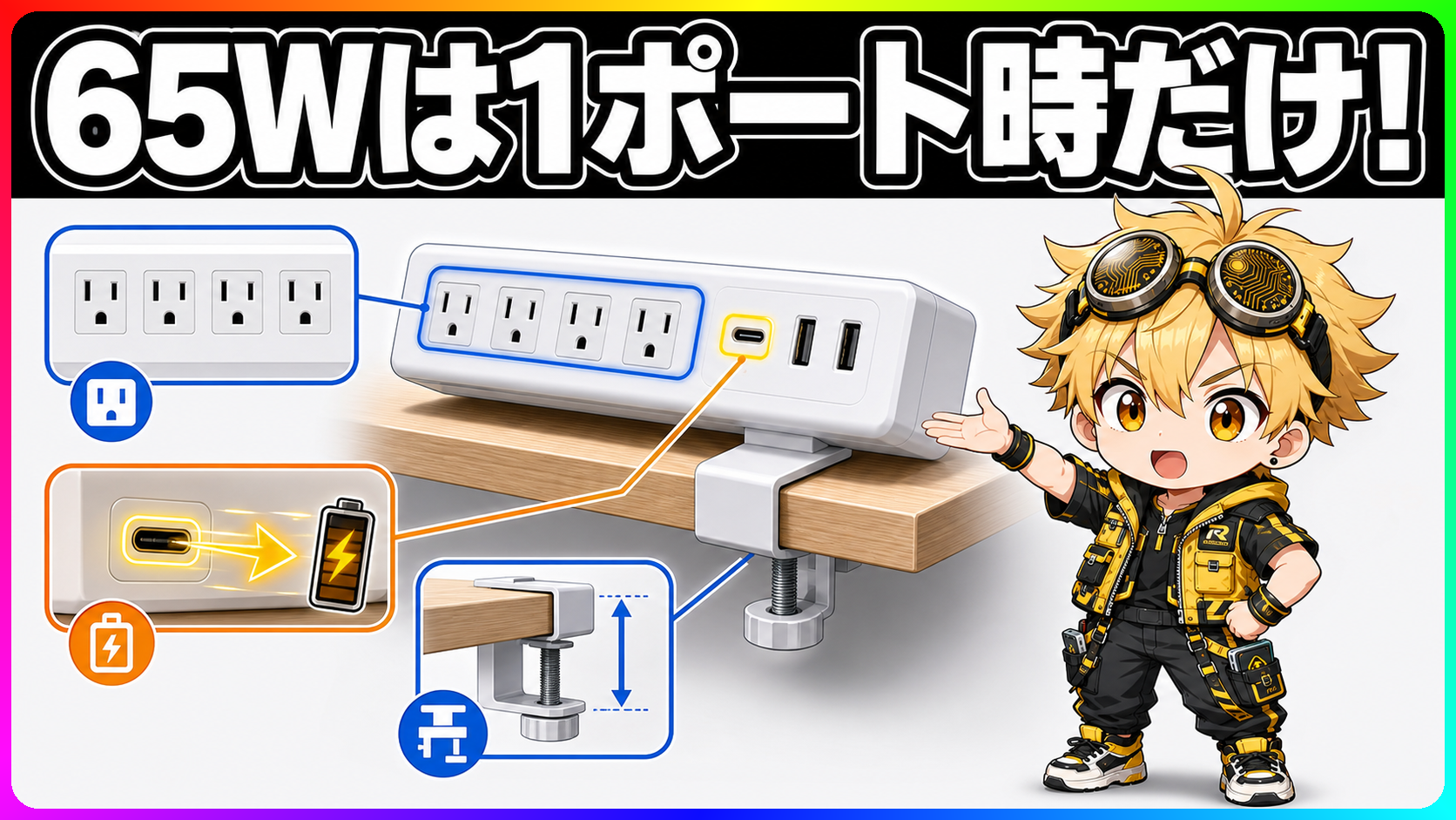 65Wは1ポート時。机の電源は置き方で変わる