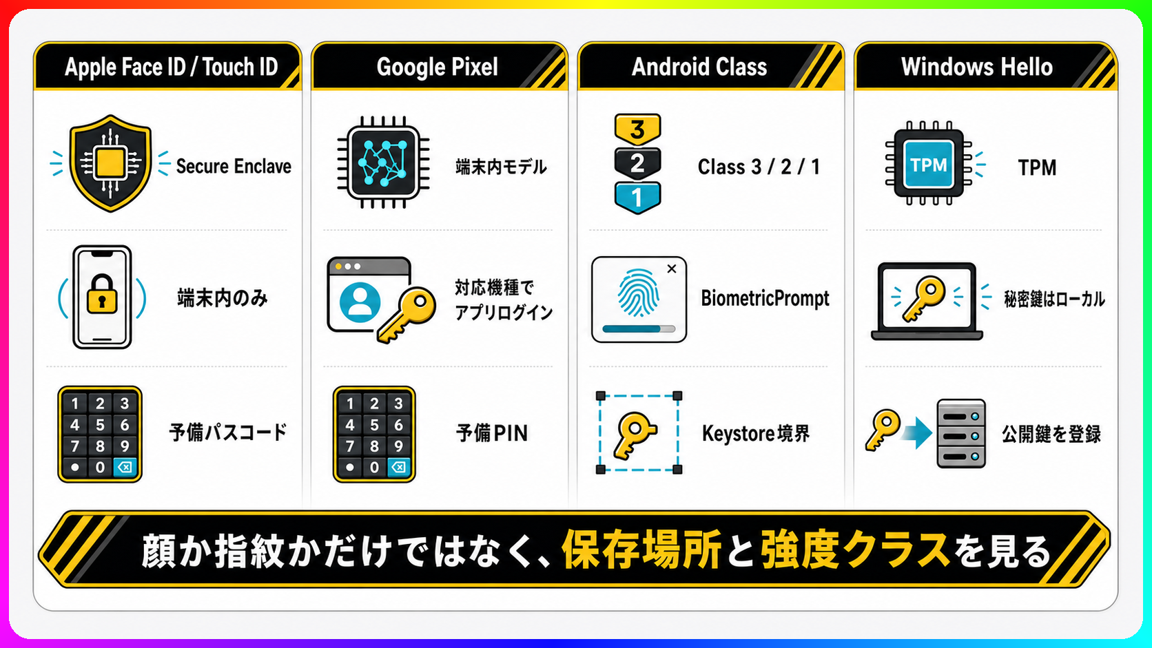 Apple、Pixel、Android、Windows Helloで生体データや鍵をどこに保存するかを比較した図