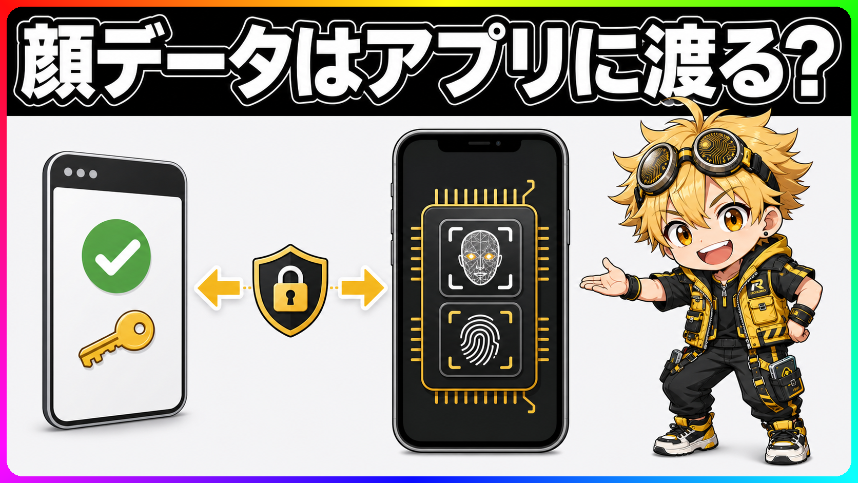 顔と指紋のデータは端末内で照合され、アプリには認証結果だけが渡る仕組みの図