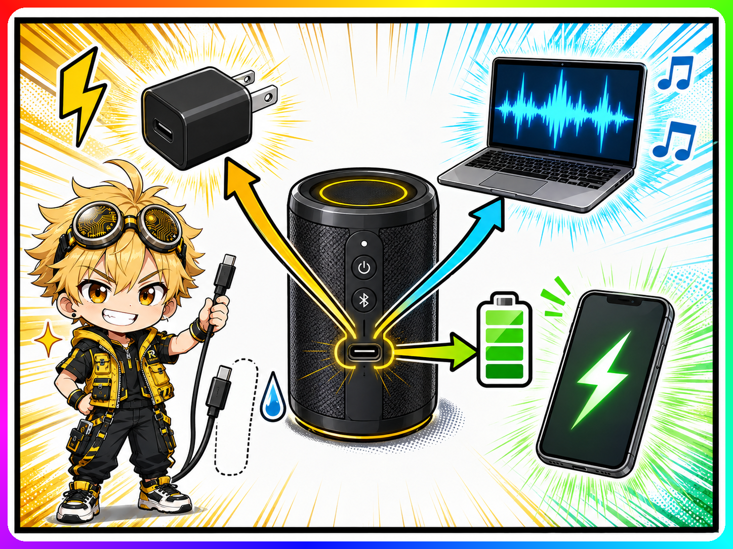 USB-C端子の充電・音声入力・スマホ給電を三つに分けた図解