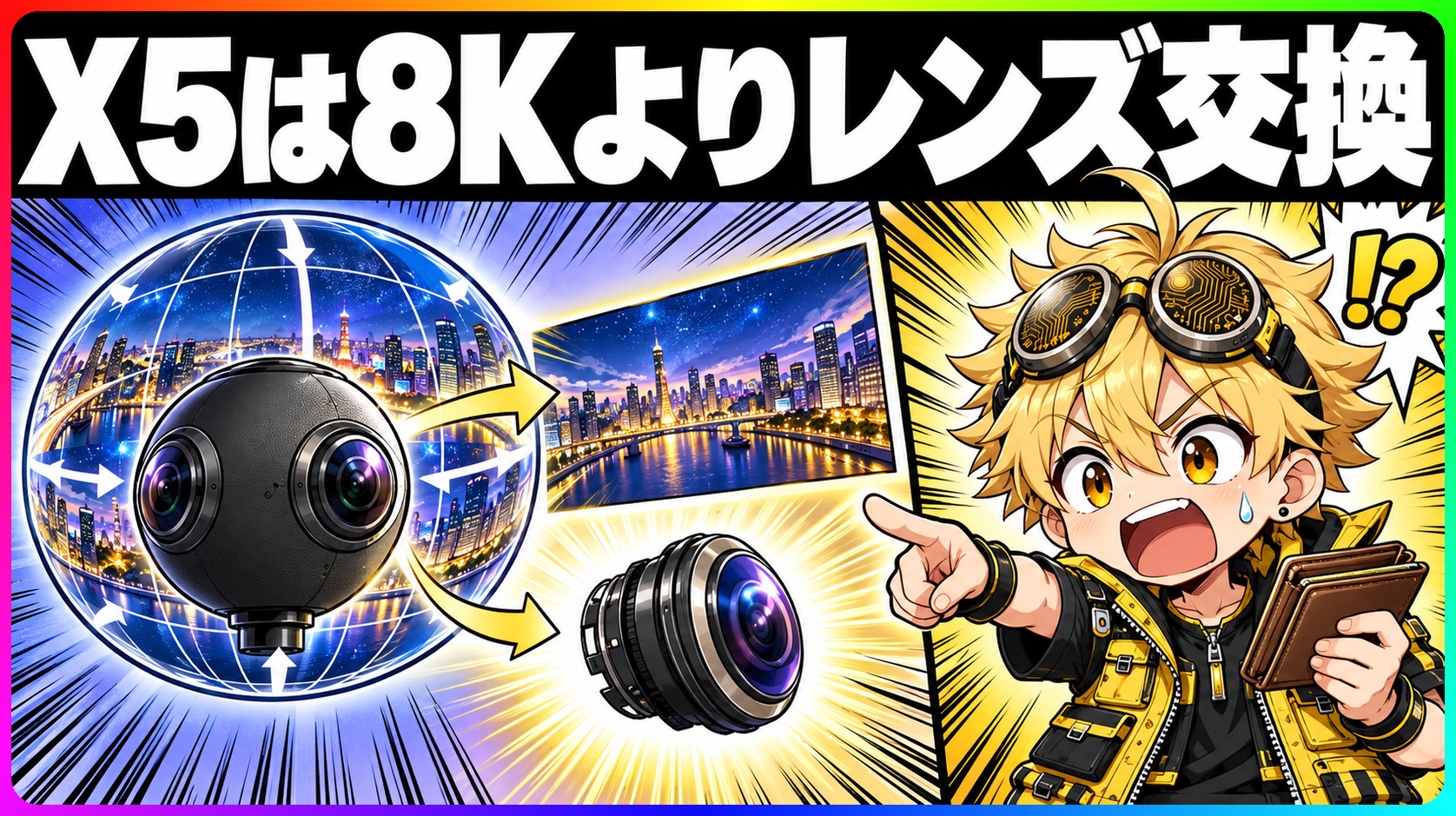 交換式レンズを備えた360度カメラInsta360 X5の本体